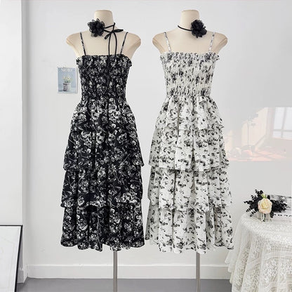 French Hepburn style floral suspender dress for women spring 2025 high-end waist slimming temperament cake long skirt