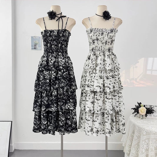 French Hepburn style floral suspender dress for women spring 2025 high-end waist slimming temperament cake long skirt