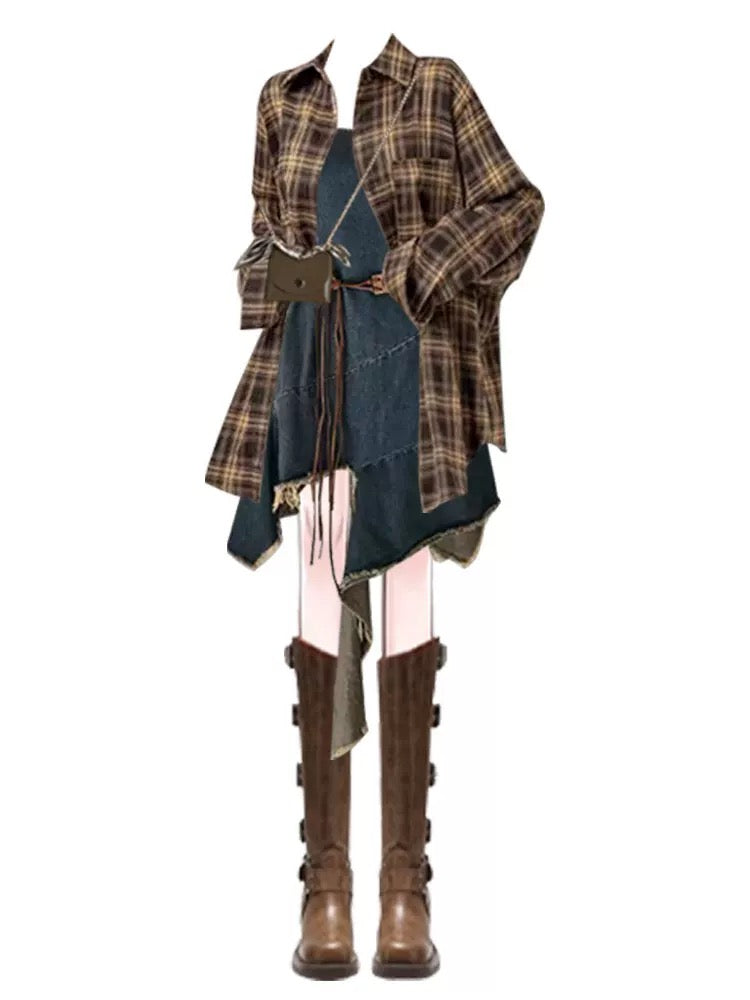 Early autumn retro light mature grassland hot girl ethnic style wear denim irregular suspender dress 2024 new