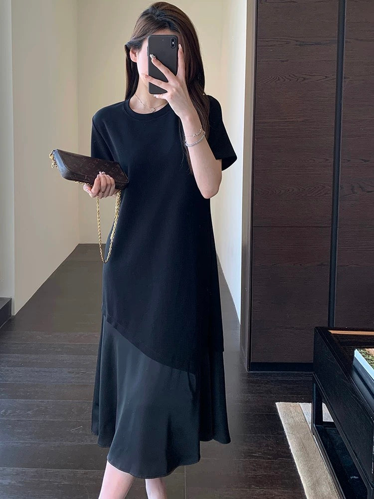 AMR UU◆Hide the meat and look thin Lazy casual loose little black dress T-shirt long skirt female drape dress spring and summer new