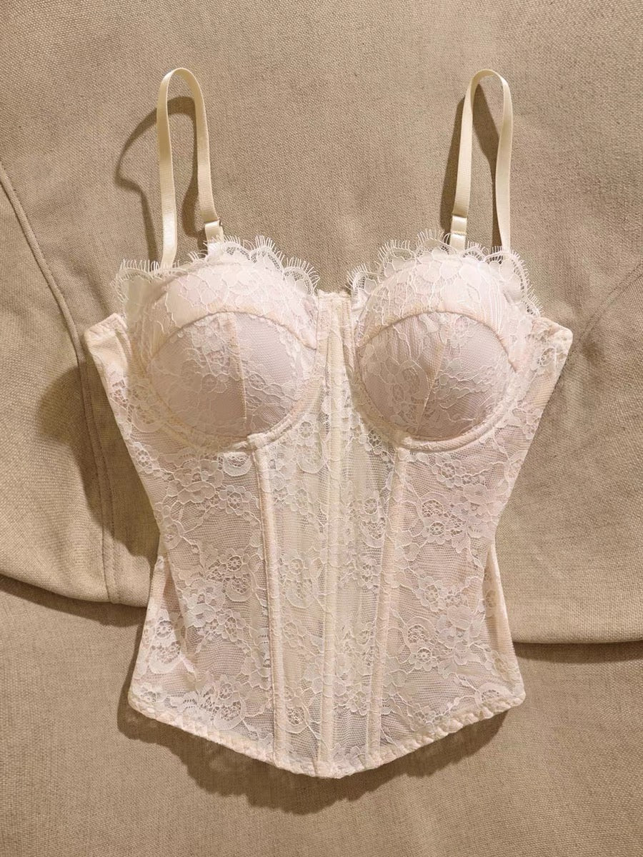 French-style lace bustier camisole with boning—a chic, sexy, and sweet top featuring a waist-cinching, slimming fit and built-in padding