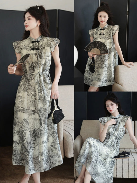 The plums are ripe [Misty Rain Jiangnan] 88.% Chinese style printed Tencel small flying sleeve cheongsam dress