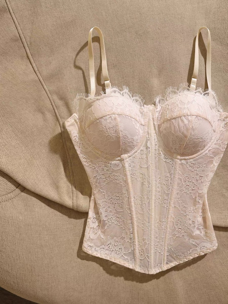French-style lace bustier camisole with boning—a chic, sexy, and sweet top featuring a waist-cinching, slimming fit and built-in padding