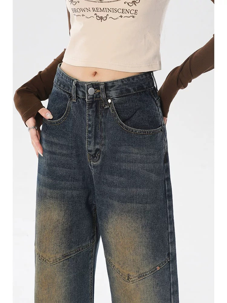 Yellow mud jeans for women spring and autumn new American high street high waist loose straight casual wide leg floor mopping pants summer