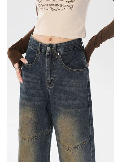 Yellow mud jeans for women spring and autumn new American high street high waist loose straight casual wide leg floor mopping pants summer