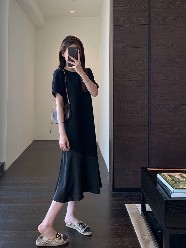 AMR UU◆Hide the meat and look thin Lazy casual loose little black dress T-shirt long skirt female drape dress spring and summer new