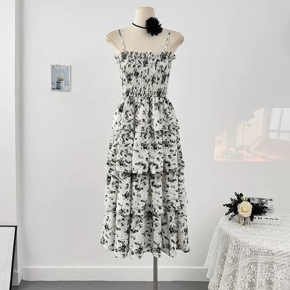 French Hepburn style floral suspender dress for women spring 2025 high-end waist slimming temperament cake long skirt
