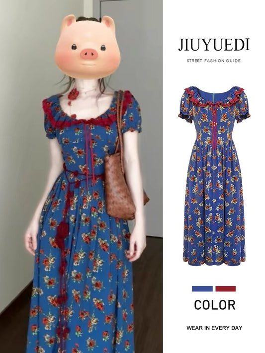 JIUYUEDI's French retro-style tea dress with a square neckline, blue floral print, and a slimming waistline, perfect for late September.