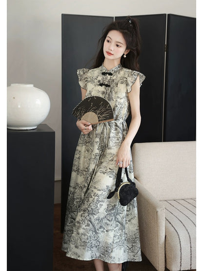 The plums are ripe [Misty Rain Jiangnan] 88.% Chinese style printed Tencel small flying sleeve cheongsam dress
