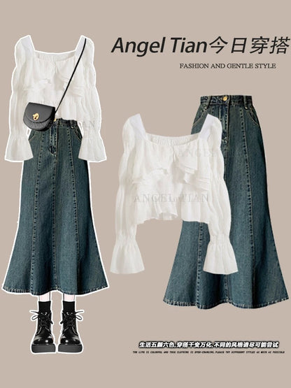 Plus size women's spring denim suit skirt fat mm slimming age-reducing all-match white top fishtail skirt two-piece suit