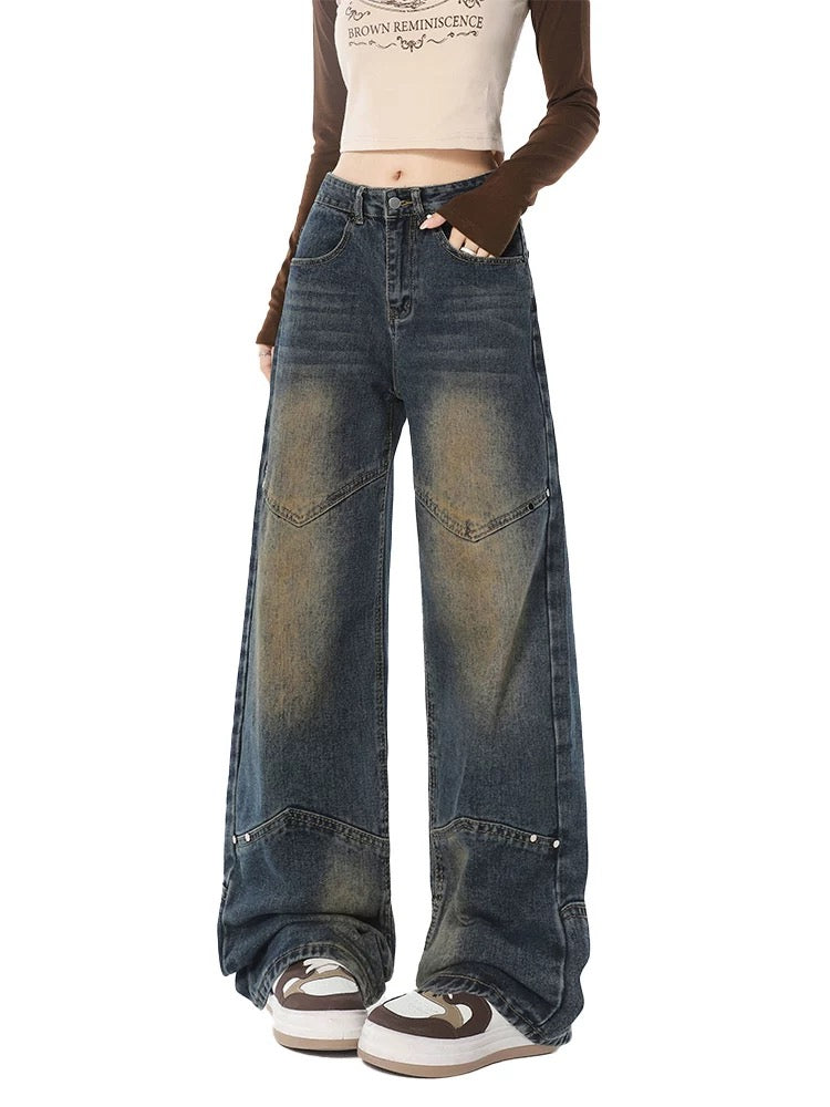 Yellow mud jeans for women spring and autumn new American high street high waist loose straight casual wide leg floor mopping pants summer