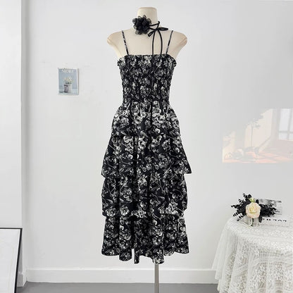 French Hepburn style floral suspender dress for women spring 2025 high-end waist slimming temperament cake long skirt