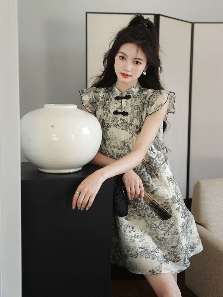 The plums are ripe [Misty Rain Jiangnan] 88.% Chinese style printed Tencel small flying sleeve cheongsam dress
