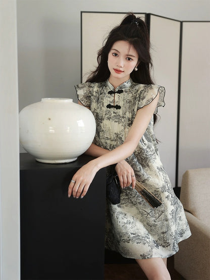 The plums are ripe [Misty Rain Jiangnan] 88.% Chinese style printed Tencel small flying sleeve cheongsam dress