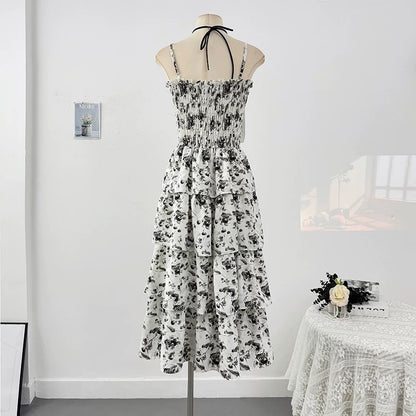 French Hepburn style floral suspender dress for women spring 2025 high-end waist slimming temperament cake long skirt
