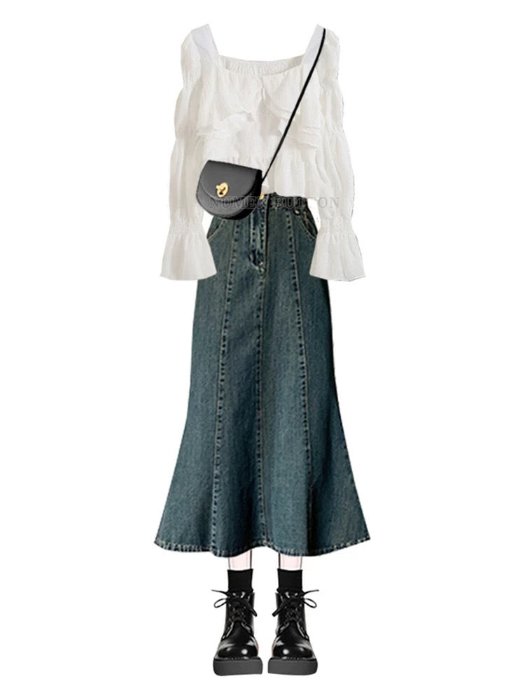 Plus size women's spring denim suit skirt fat mm slimming age-reducing all-match white top fishtail skirt two-piece suit