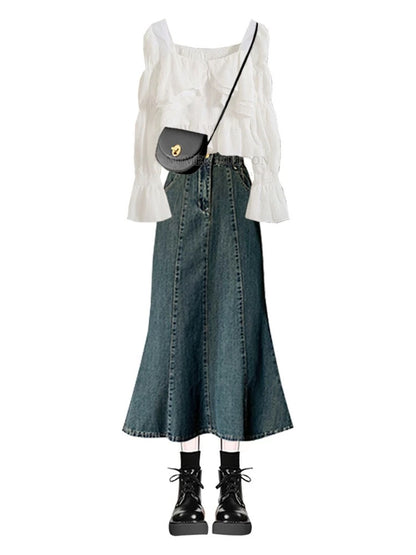Plus size women's spring denim suit skirt fat mm slimming age-reducing all-match white top fishtail skirt two-piece suit