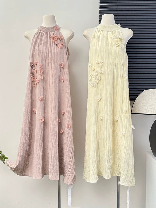 Pure desire style halter neck three-dimensional flower off-shoulder temperament dress female summer niche loose drape texture large swing skirt
