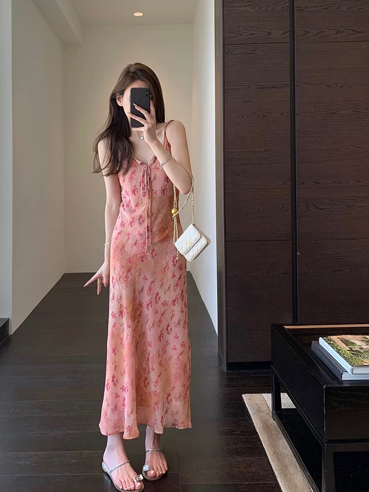 AMR UU◆Atmosphere Girls Printed Dress Slim Holiday Style Floral Suspender Dress Women Spring and Summer New