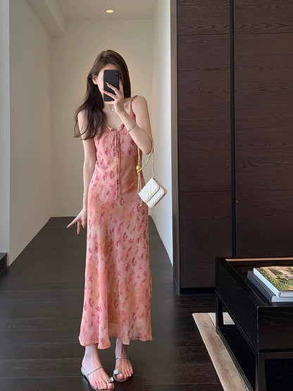 AMR UU◆Atmosphere Girls Printed Dress Slim Holiday Style Floral Suspender Dress Women Spring and Summer New