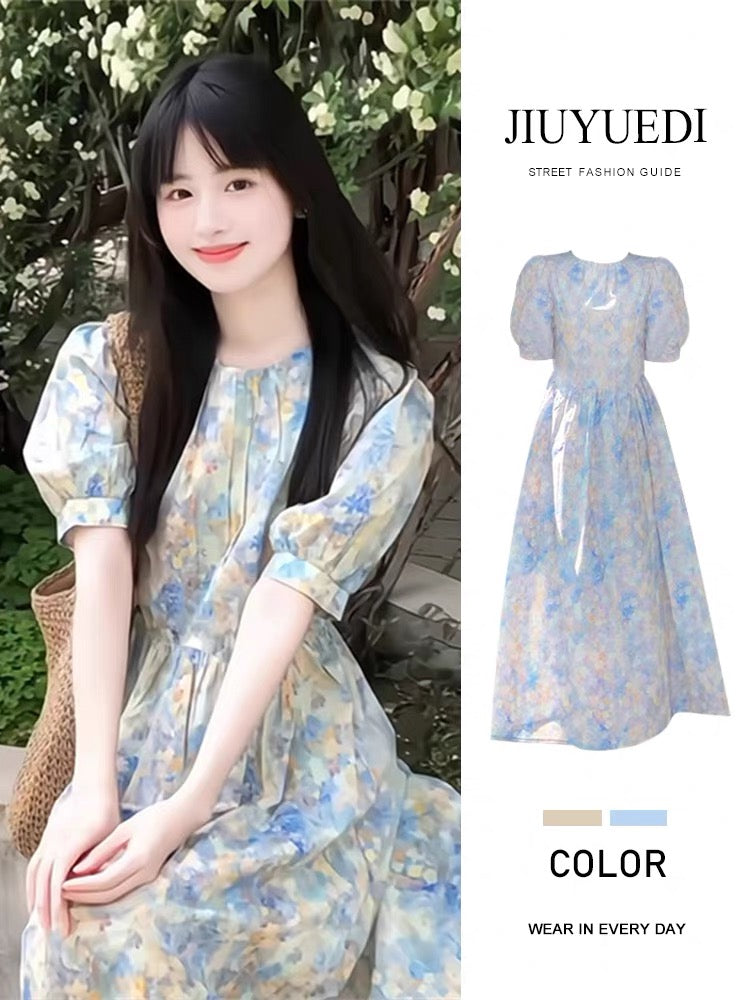 JIUYUEDI Late September French Oil Painting Style Round Neck Puff Sleeve Printed Dress Summer Women's Wear Beach Vacation
