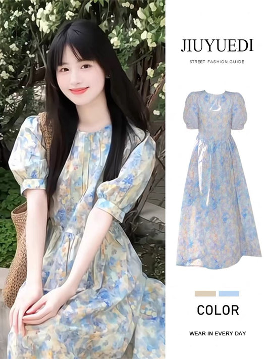JIUYUEDI Late September French Oil Painting Style Round Neck Puff Sleeve Printed Dress Summer Women's Wear Beach Vacation