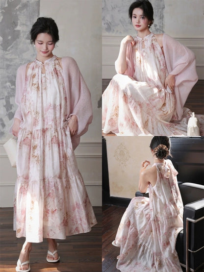 The plums are ripe [Yizhichuna] New Chinese style Chinese style halterneck dress for women Mint Mambo style floral dress green