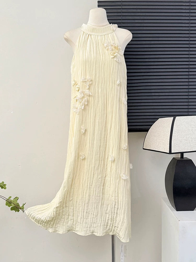 Pure desire style halter neck three-dimensional flower off-shoulder temperament dress female summer niche loose drape texture large swing skirt