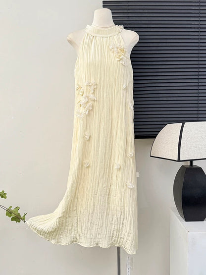 Pure desire style halter neck three-dimensional flower off-shoulder temperament dress female summer niche loose drape texture large swing skirt