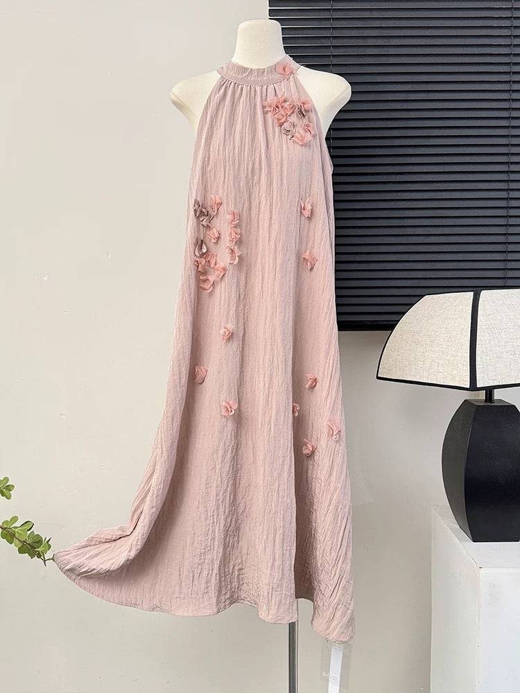 Pure desire style halter neck three-dimensional flower off-shoulder temperament dress female summer niche loose drape texture large swing skirt