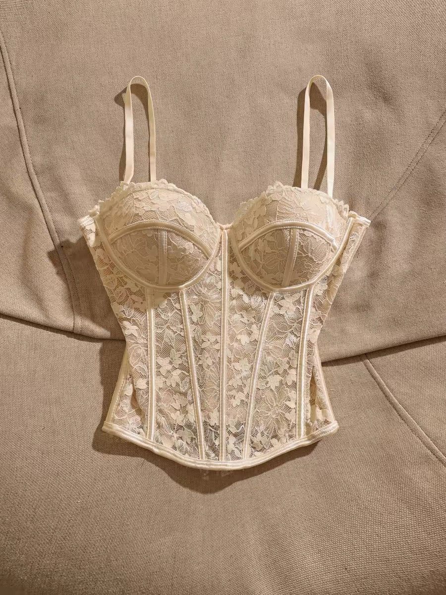 French-style lace camisole: a chic, slimming, and unique "hot girl" style piece—a sexy, sophisticated, corset-inspired strapless top designed to be worn as outerwear.