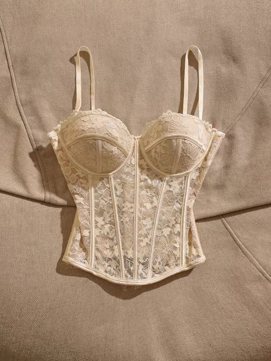French-style lace camisole: a chic, slimming, and unique "hot girl" style piece—a sexy, sophisticated, corset-inspired strapless top designed to be worn as outerwear.
