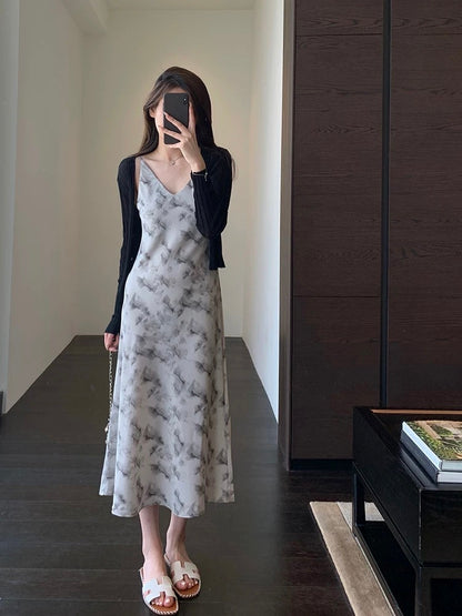 AMR UU◆Atmosphere suspender skirt, wear alone and wear inside to show thin printed skirt, medium-length dress for women, spring and summer new