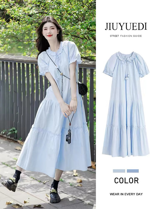JIUYUEDI Late September Gentle Blue Ruffled Short-Sleeve Dress for Women - French Chic, Youthful, and Loose Fit