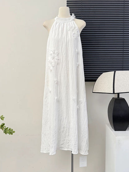 Pure desire style halter neck three-dimensional flower off-shoulder temperament dress female summer niche loose drape texture large swing skirt