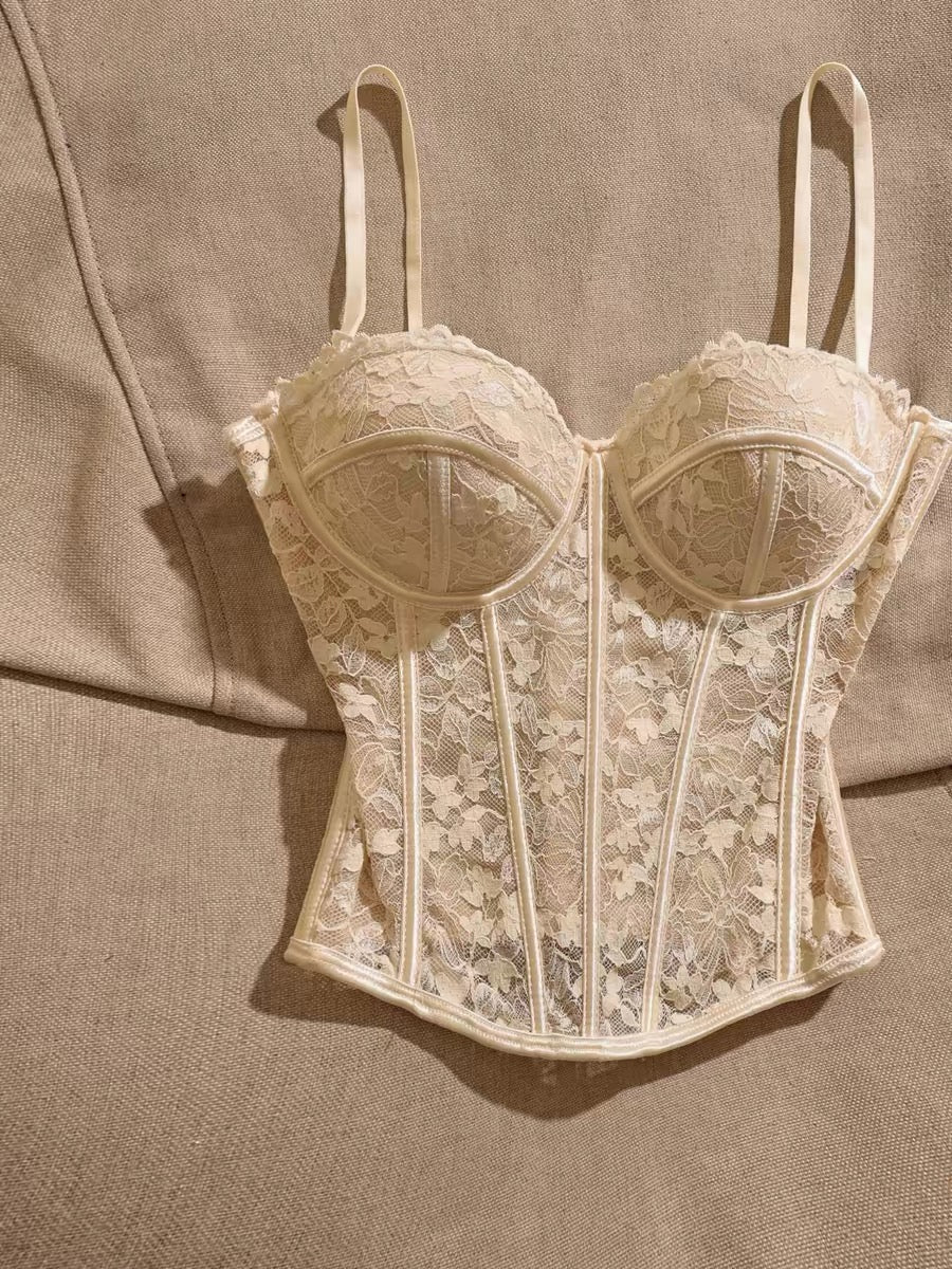 French-style lace camisole: a chic, slimming, and unique "hot girl" style piece—a sexy, sophisticated, corset-inspired strapless top designed to be worn as outerwear.