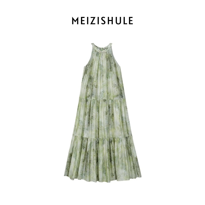 The plums are ripe [Yizhichuna] New Chinese style Chinese style halterneck dress for women Mint Mambo style floral dress green