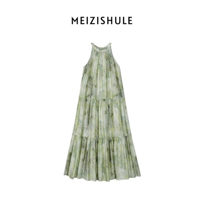 The plums are ripe [Yizhichuna] New Chinese style Chinese style halterneck dress for women Mint Mambo style floral dress green