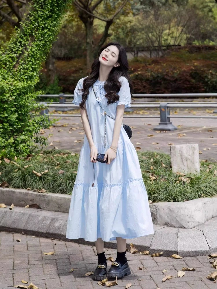 JIUYUEDI Late September Gentle Blue Ruffled Short-Sleeve Dress for Women - French Chic, Youthful, and Loose Fit