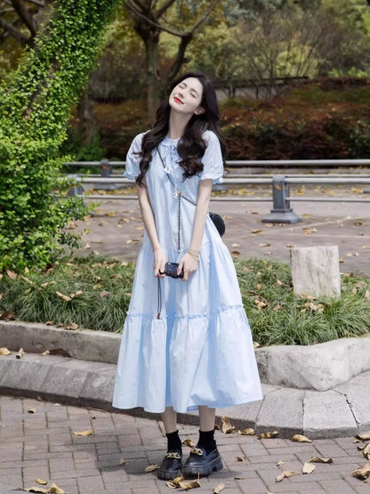 JIUYUEDI Late September Gentle Blue Ruffled Short-Sleeve Dress for Women - French Chic, Youthful, and Loose Fit