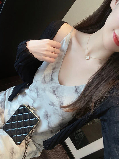 AMR UU◆Atmosphere suspender skirt, wear alone and wear inside to show thin printed skirt, medium-length dress for women, spring and summer new