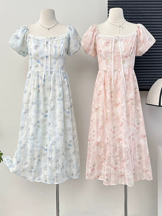 Gentle style sweet floral puff sleeve dress for women summer niche design hollow embroidery loose big swing skirt