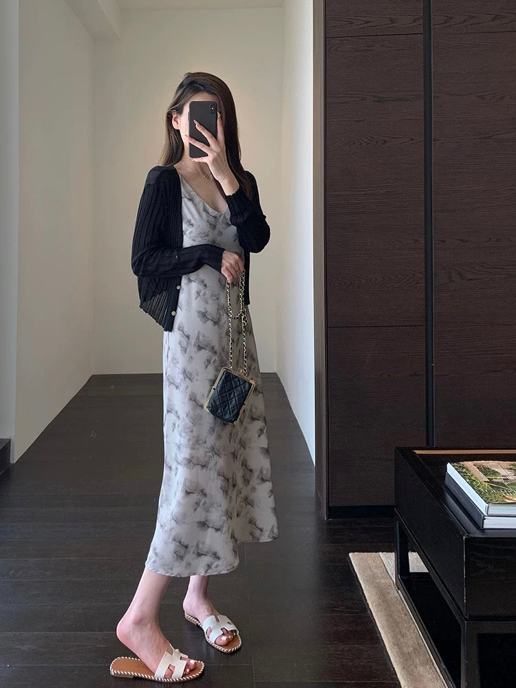AMR UU◆Atmosphere suspender skirt, wear alone and wear inside to show thin printed skirt, medium-length dress for women, spring and summer new