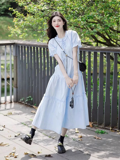JIUYUEDI Late September Gentle Blue Ruffled Short-Sleeve Dress for Women - French Chic, Youthful, and Loose Fit