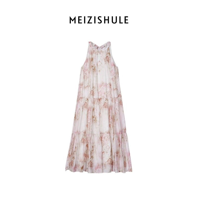 The plums are ripe [Yizhichuna] New Chinese style Chinese style halterneck dress for women Mint Mambo style floral dress green