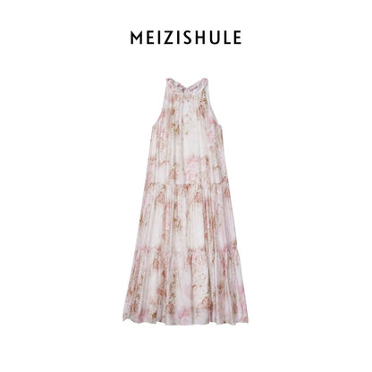 The plums are ripe [Yizhichuna] New Chinese style Chinese style halterneck dress for women Mint Mambo style floral dress green