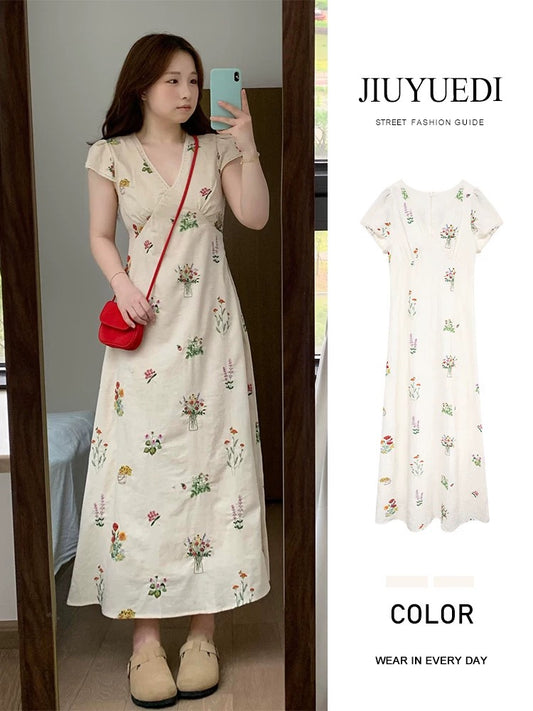 JIUYUEDI Late September Korean Style Linen Floral V-Neck Short-Sleeve Floral Print Dress - A Stunning Summer Dress for Women