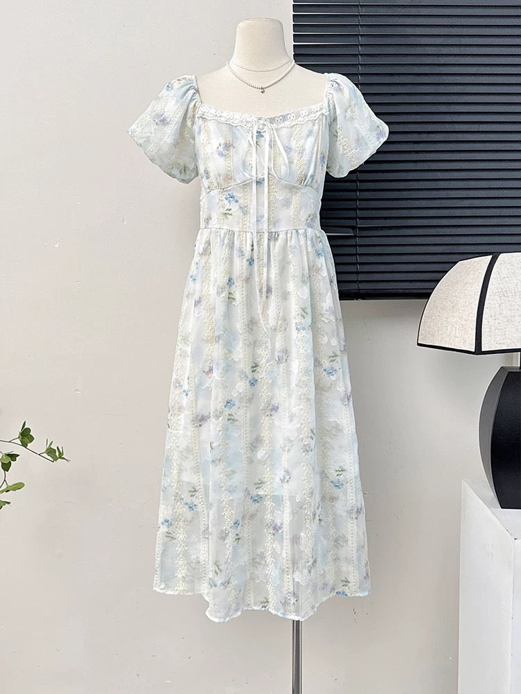 Gentle style sweet floral puff sleeve dress for women summer niche design hollow embroidery loose big swing skirt