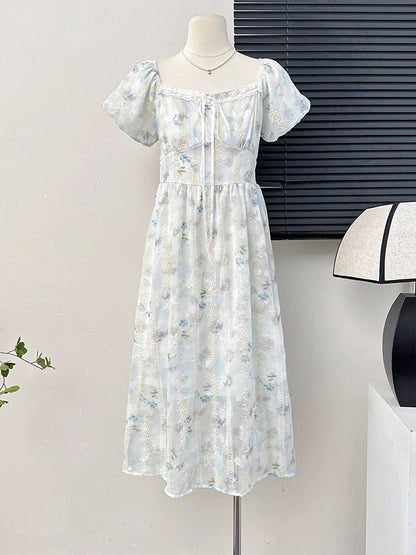 Gentle style sweet floral puff sleeve dress for women summer niche design hollow embroidery loose big swing skirt