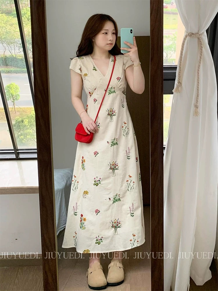 JIUYUEDI Late September Korean Style Linen Floral V-Neck Short-Sleeve Floral Print Dress - A Stunning Summer Dress for Women